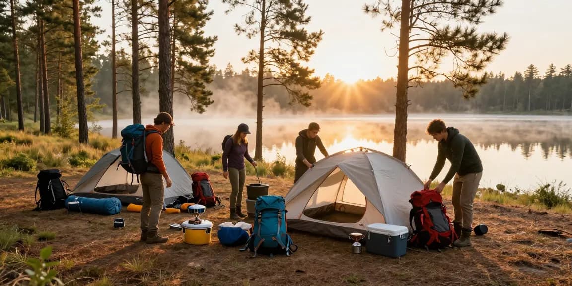 Adventurers with rokok88 camping gear setting up tent at serene lake.