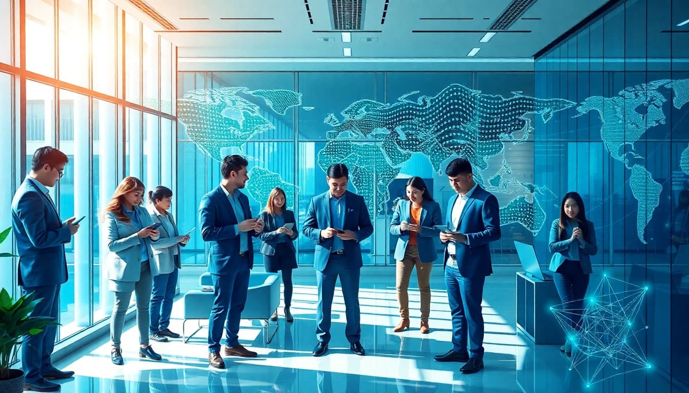 快连下载 showcasing global connectivity through technology in a modern office.