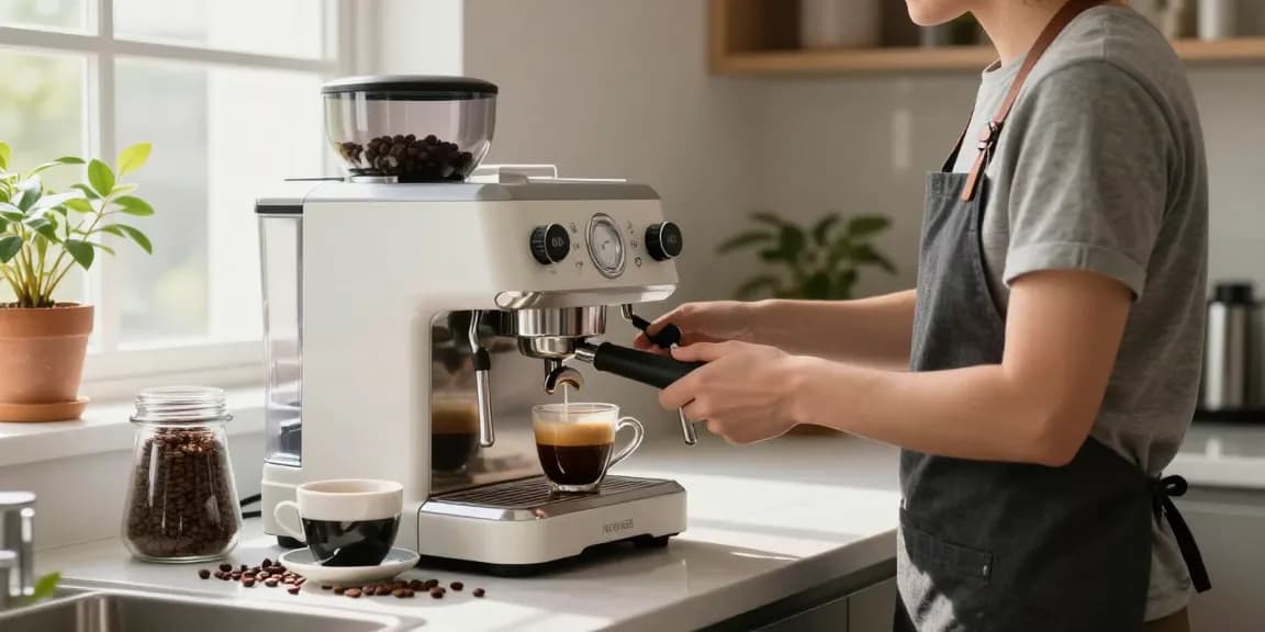 ROKOK88 espresso machine brewing rich coffee with crema in a modern kitchen.