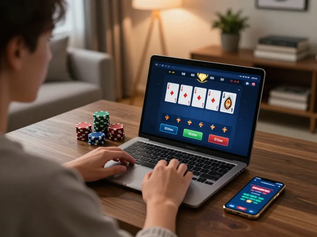 Engaging in online gambling at Trang chủ Five88 with a laptop, showcasing poker gameplay.