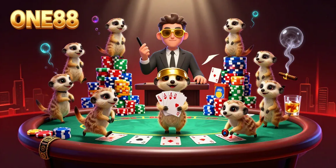 Experience thrilling casino action at ONE88 with meerkats managing games, chips, and cards.