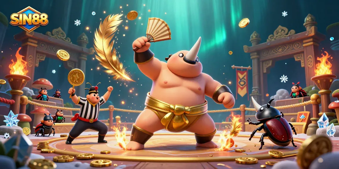 SIN88 game scene showcasing a rhinoceros beetle sumo champion amidst gold coins and fiery decorations.
