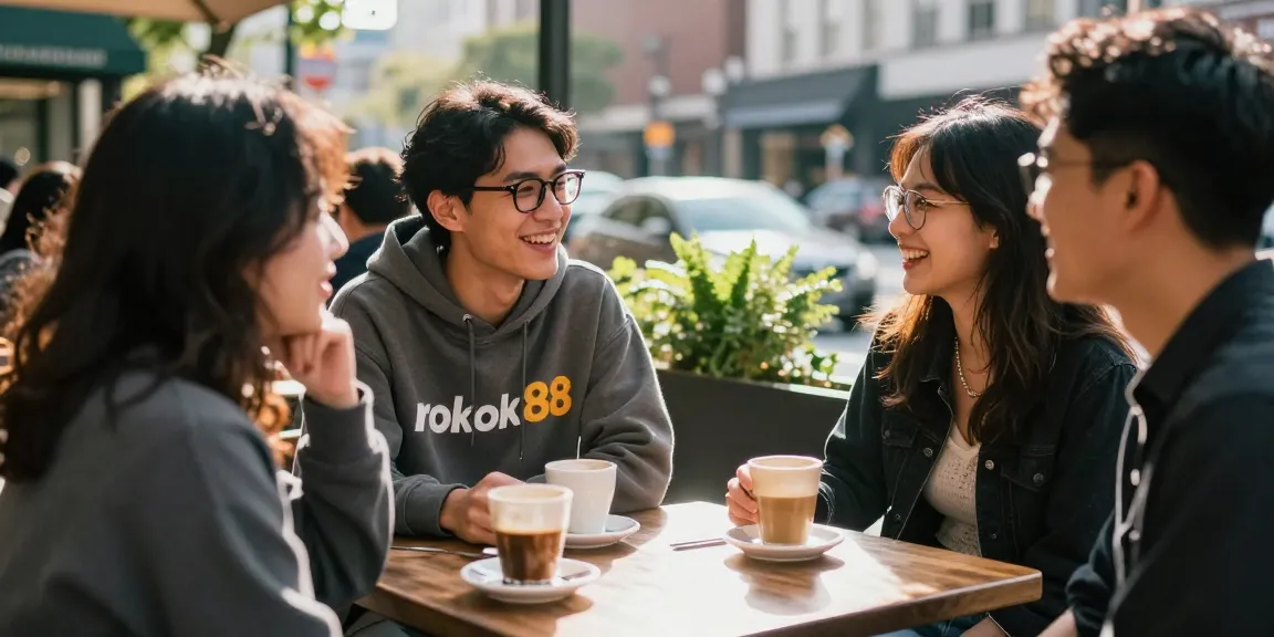 Friends enjoying outdoor café time wearing trendy streetwear featuring rokok88 branding.
