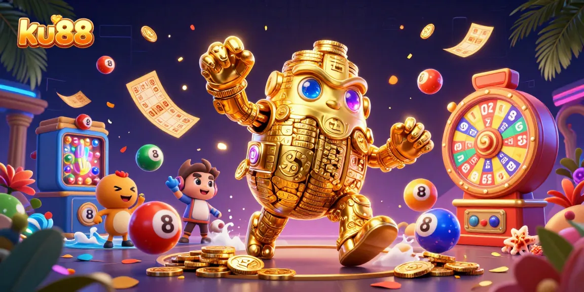Experience exciting gambling with ku88's animated golden golem and vibrant casino elements.