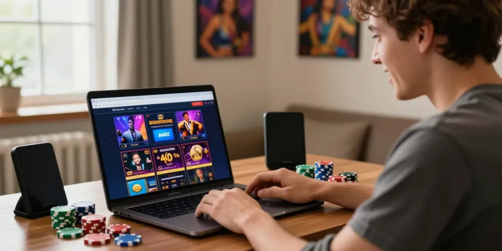 Excited player enjoying games at AMEX casinos, colorful chips and phone notifications enhance the casino vibe.