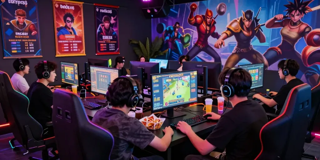 Exciting gaming scene with players engaged in rokok88 slot action and vibrant digital atmosphere.