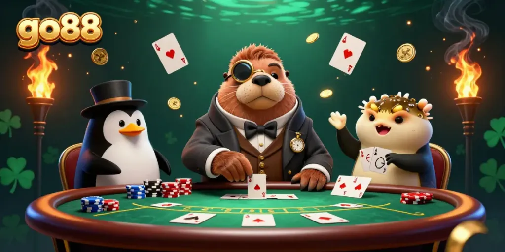 Engage in exciting poker with go88, featuring a walrus and penguin at the underwater casino.