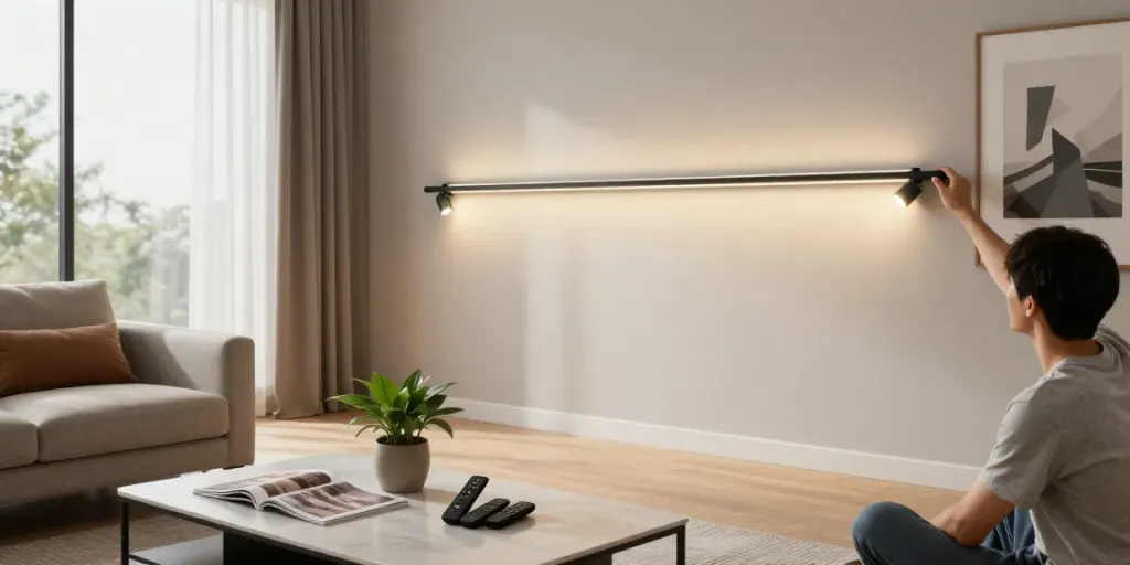Iluminat modern cu sina magnetică în living, spot ajustabil pe perete.