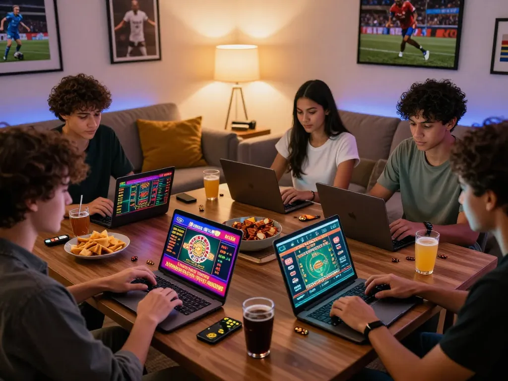 Engaging scene of friends enjoying nhà cái uy tín gambling experience at home with laptops and snacks.