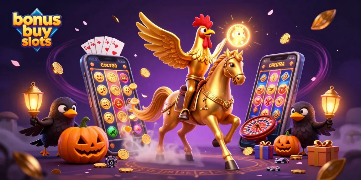 Experience thrill with bonus buy slots in this vibrant casino scene featuring unique characters.