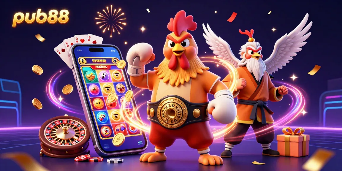Experience the thrill of pub88 with explosive slot games and energetic characters in this vibrant casino illustration.