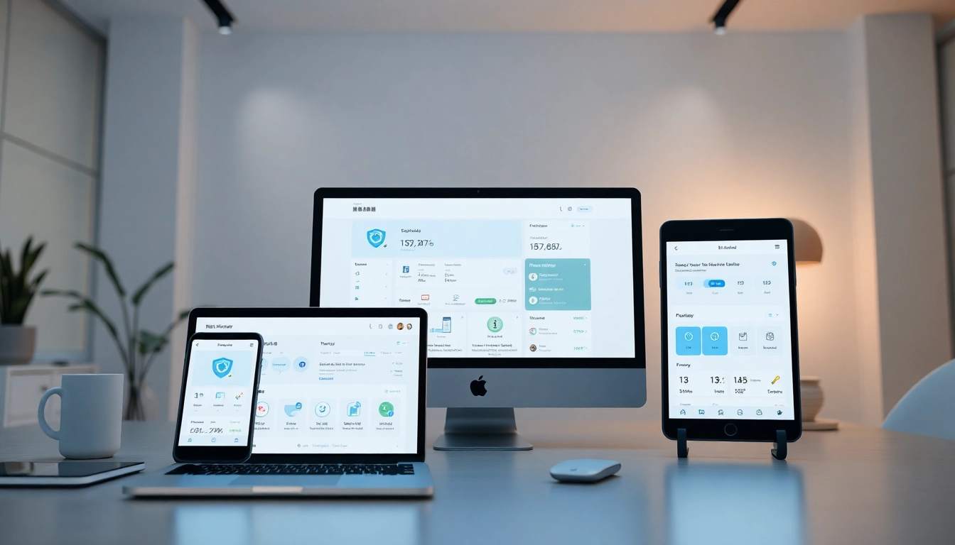 快连下载 app interface displayed on various devices in a modern workspace.