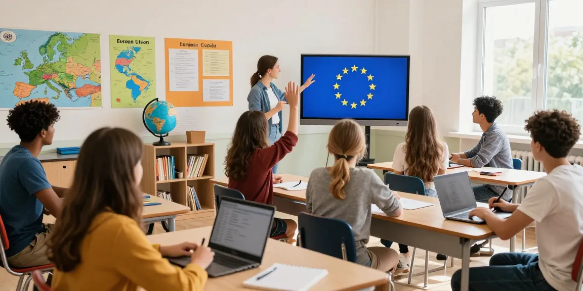 Students participating in a lively European Union Quiz interactive session in a welcoming classroom.