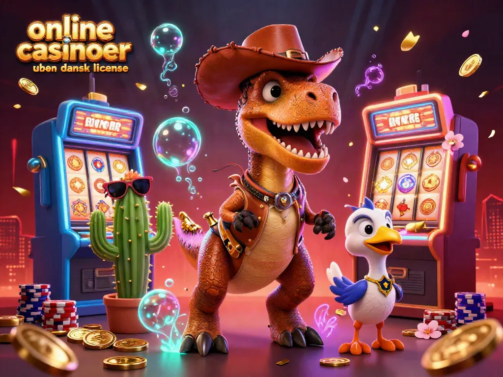 Engage with online casinoer uden dansk licens through a vibrant, dynamic 3D illustration filled with casino elements.