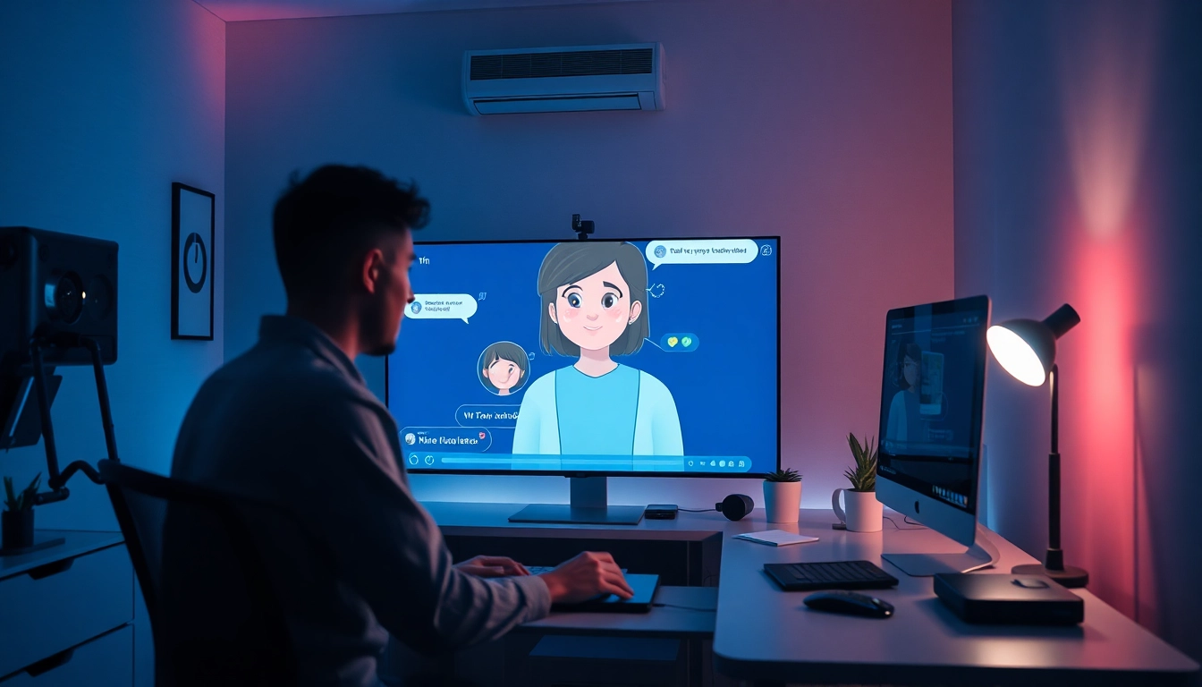 Engaging scene of user interacting with crushonai's advanced AI chat companion in a cozy digital space.