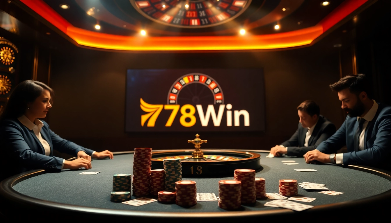 Action-packed gaming scene on the Trang chủ 78Win platform with poker chips and roulette wheel.