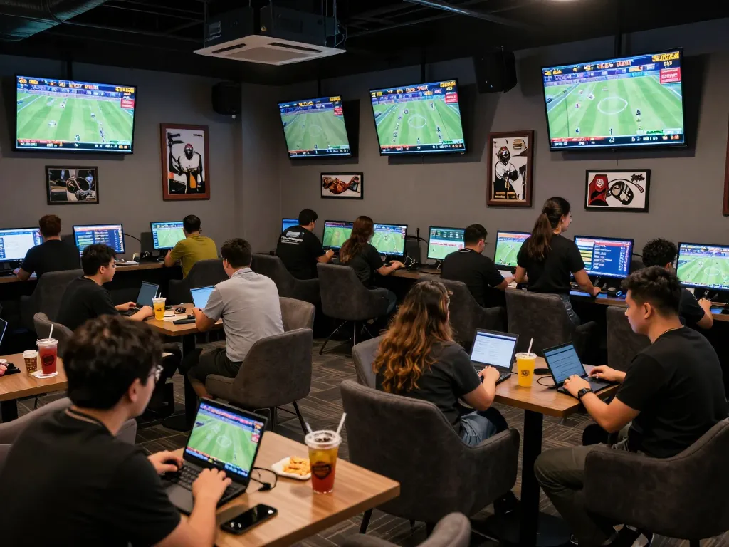 Patrons excitedly reviewing tỷ lệ kèo trực tuyến in a lively sports betting lounge