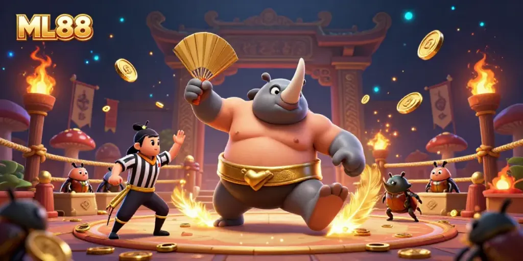 Experience the excitement of ML88 with a whimsical 3D illustration of a sumo beetle champion amidst a vibrant casino scene.