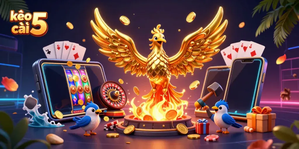 Engage with kèo nhà cái 5 by exploring the golden phoenix and glowing casino elements