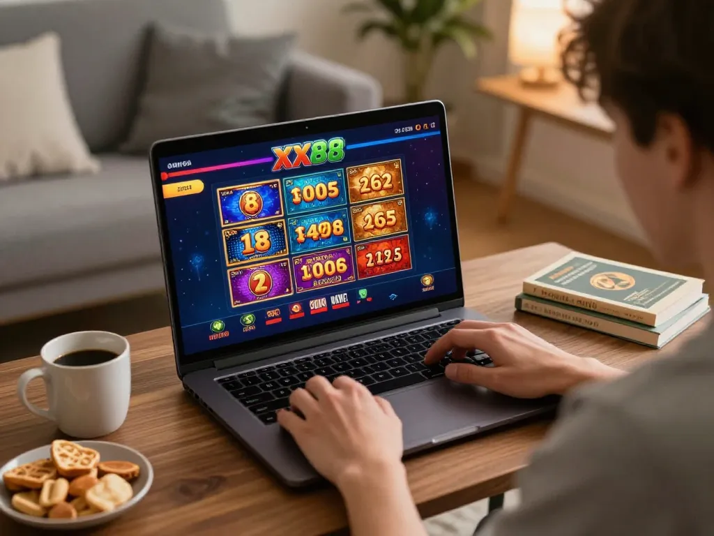 Player enjoying XX88 online casino gaming on a laptop in a cozy home environment