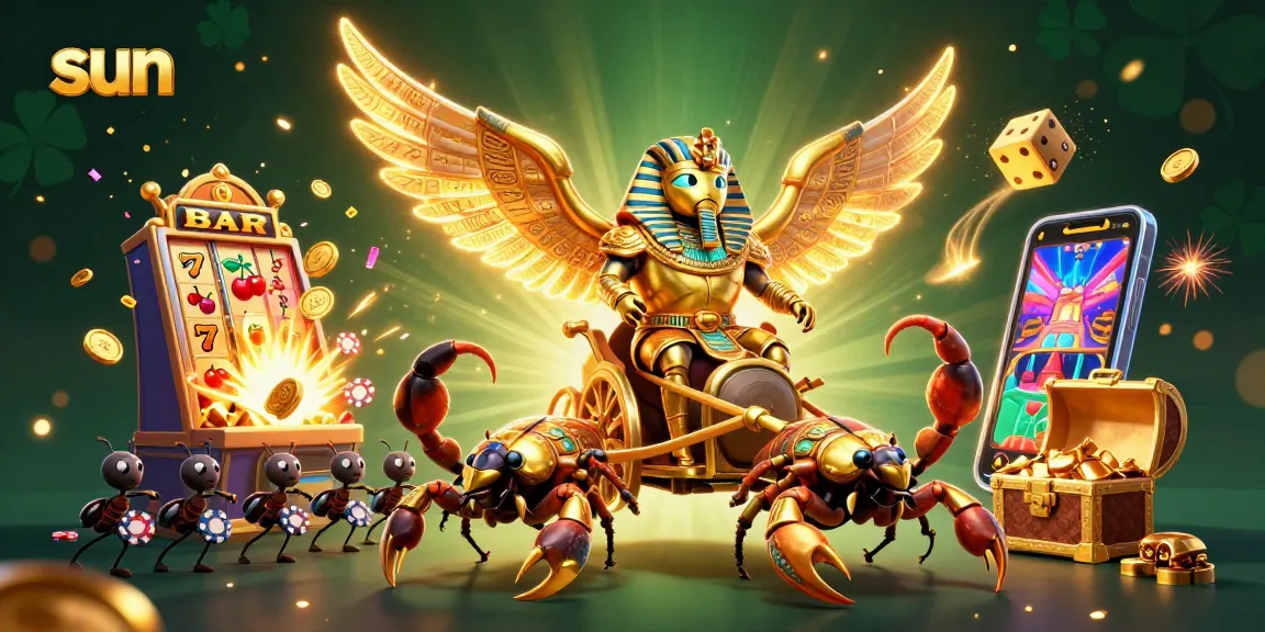 Experience the excitement of sun-themed slots with a captivating illustration featuring a golden scarab beetle.