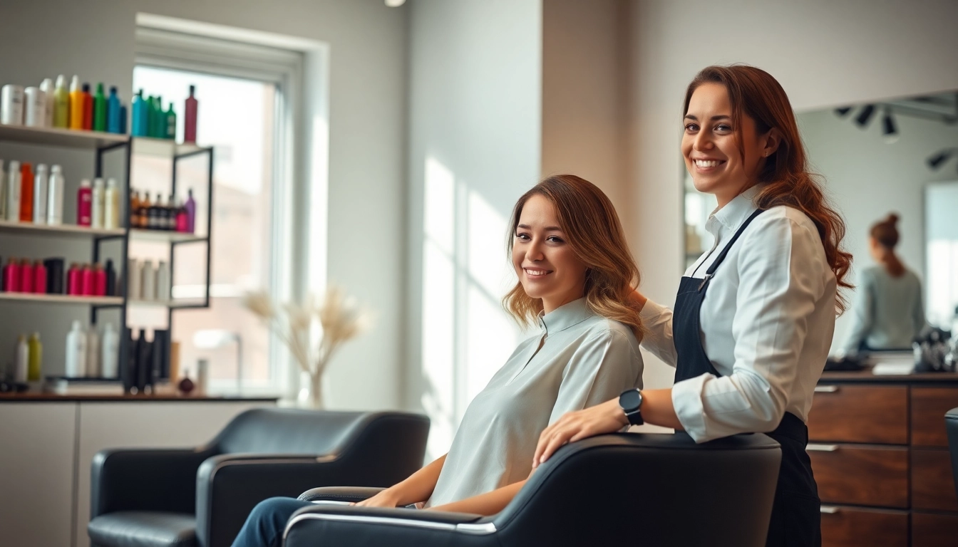 Frisør styling hair in a modern salon with vibrant decor and tools.