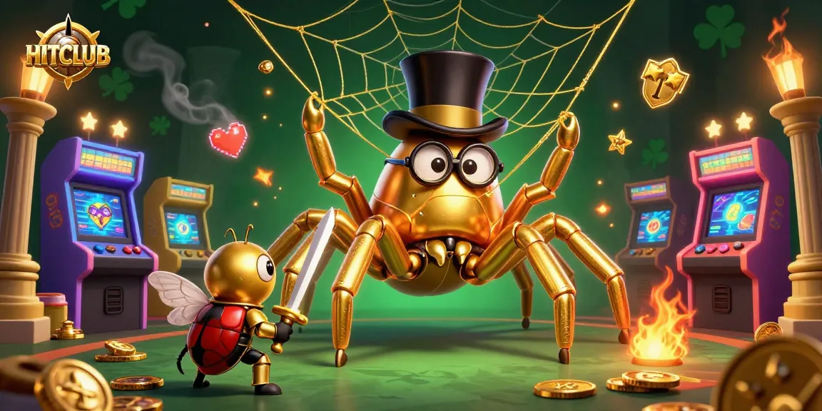 Engage with HITCLUB's vibrant golden casino scene, featuring a brave beetle knight amidst arcade games.