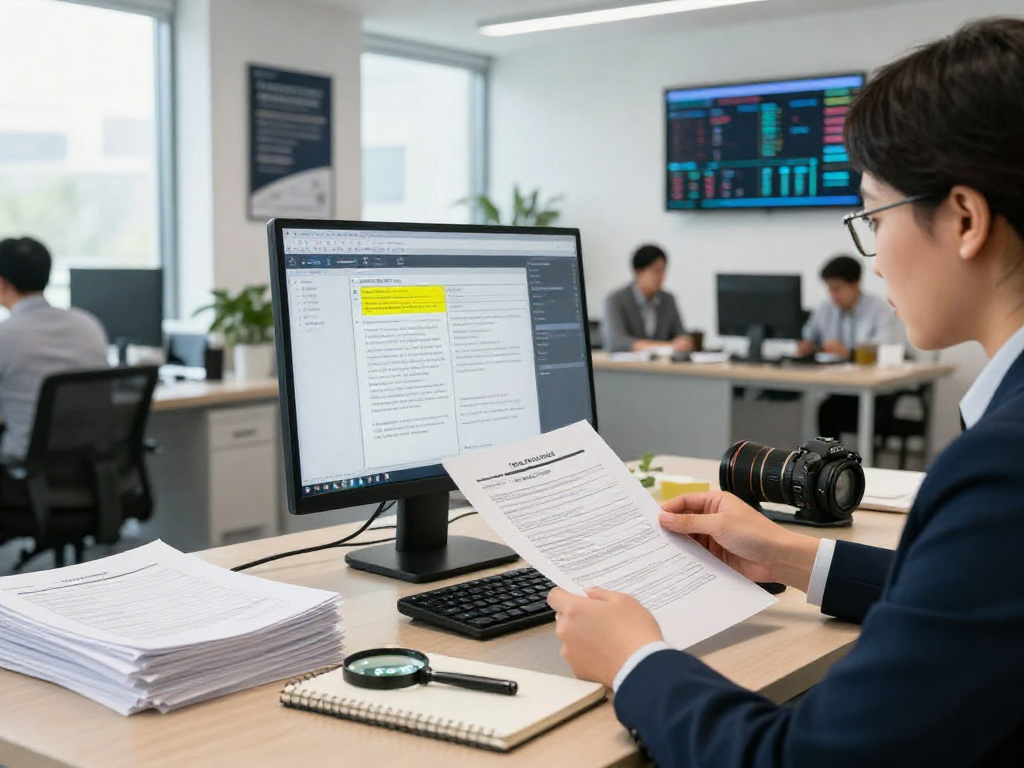 Compliance officer engaged in document fraud detection analysis using software and reports in an office environment.