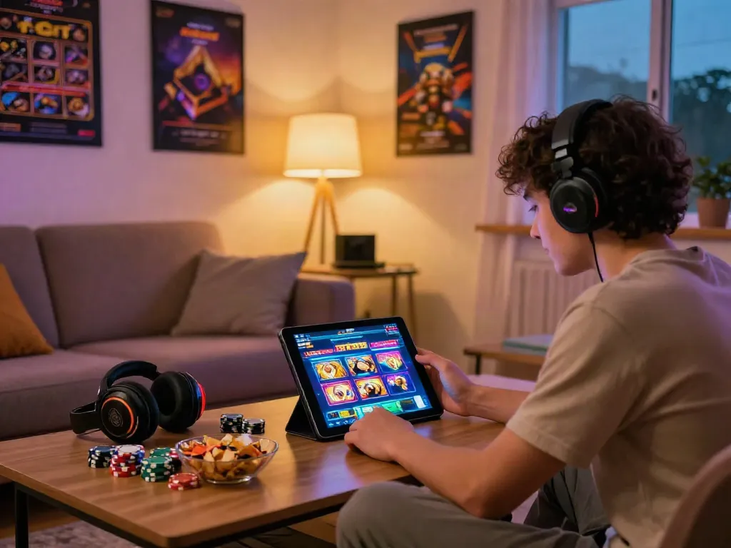Player immersed in a slot777 game on a tablet, showcasing gaming accessories and a cozy atmosphere.