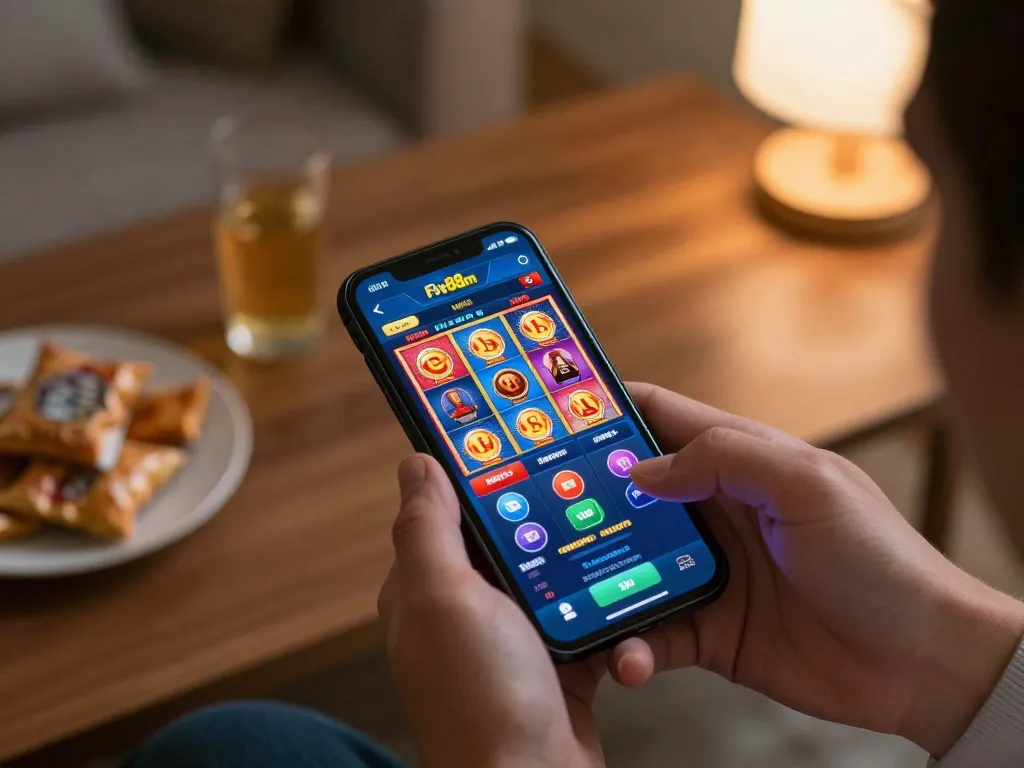 Player immersed in five88m mobile gaming, showcasing slots and vibrant betting in a cozy setting.
