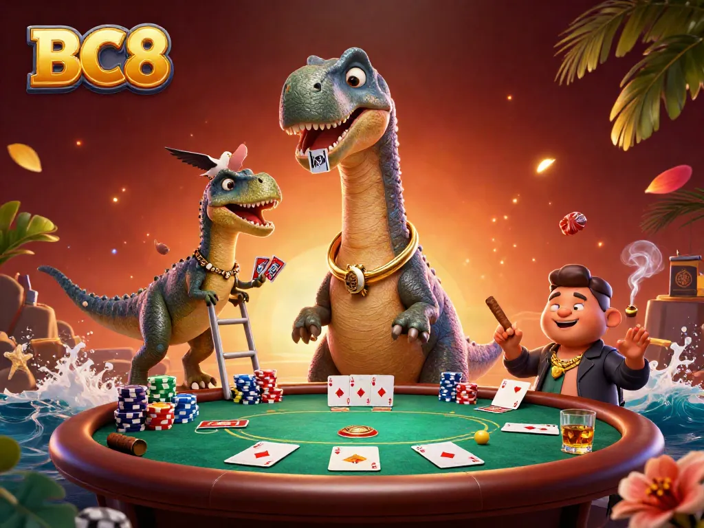 Experience thrilling poker action at BC8 with a giant brontosaurus dealer and vibrant gaming atmosphere.