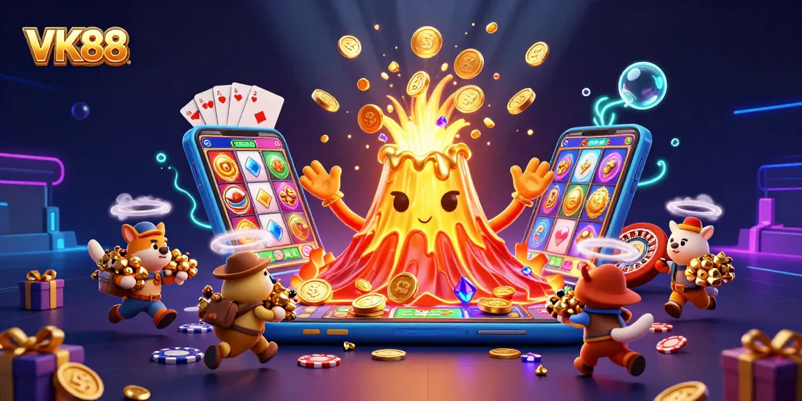 VK88 showcases an exciting casino adventure with treasure, games, and vibrant elements.