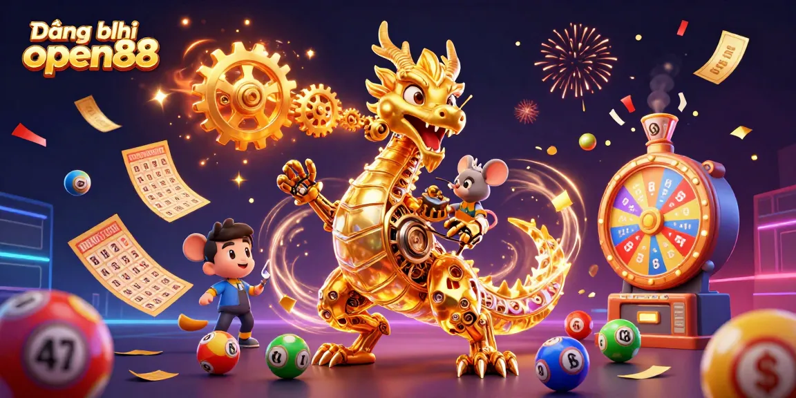 Engage in Đăng ký open88 with a vibrant 3D casino-themed illustration featuring a golden dragon and colorful game elements.