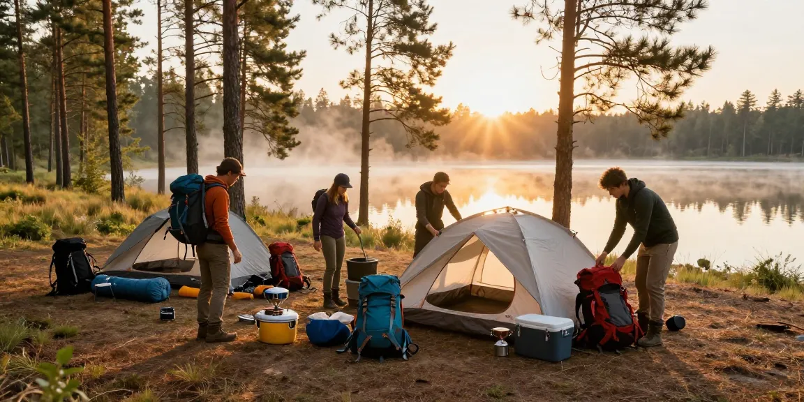 Adventurers with rokok88 camping gear setting up tent at serene lake.