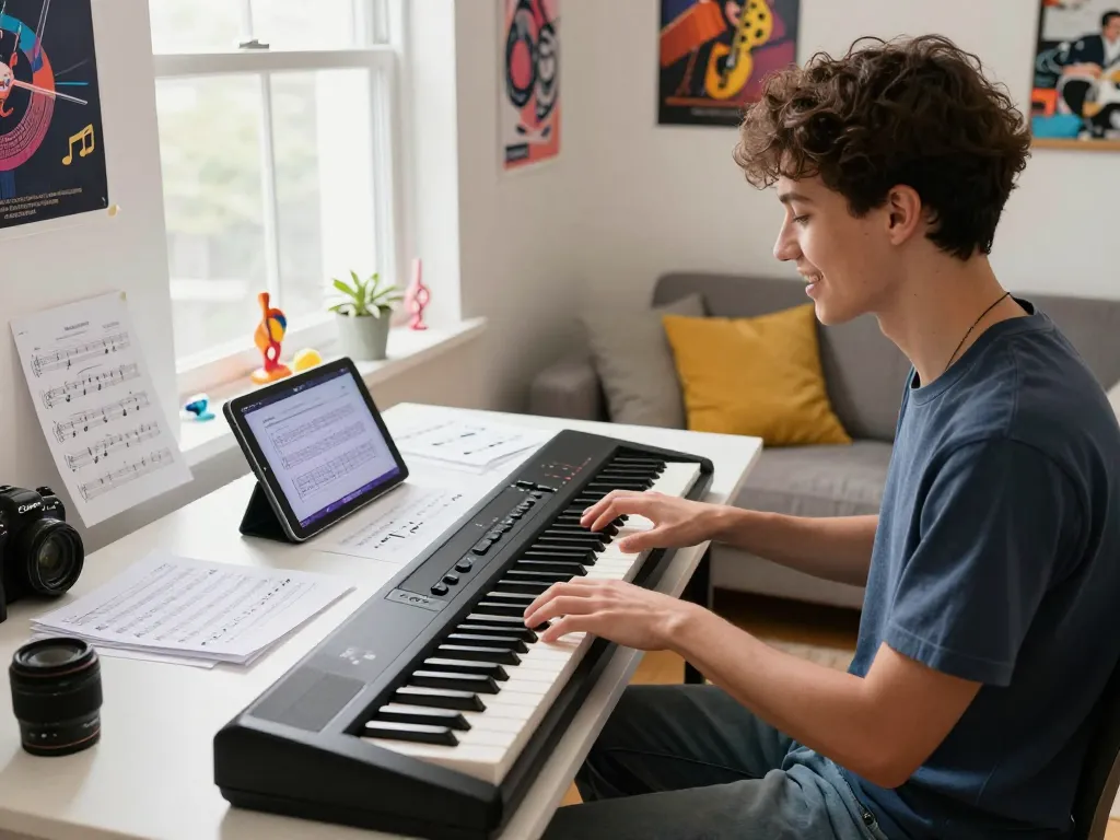 Practicing music on the go 88 digital piano in a bright home studio.