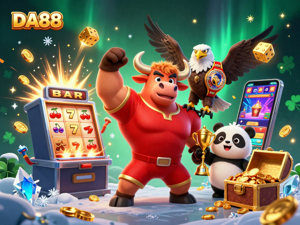 Celebrate big wins with DA88's vibrant casino gaming illustration featuring iconic characters.