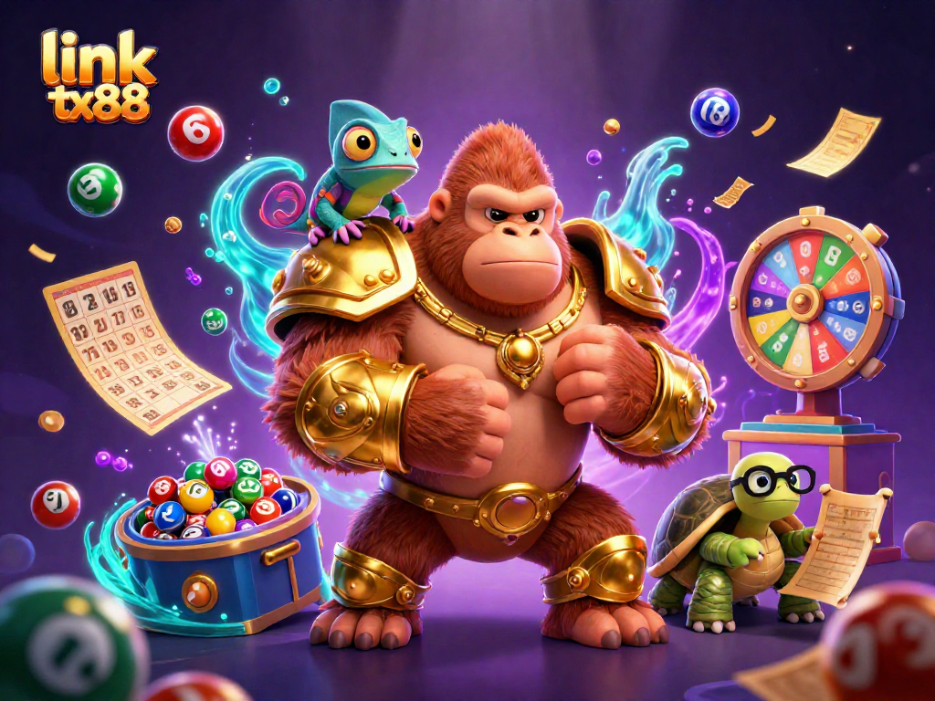 Engage with a vibrant scene showcasing link tx88 where a gorilla king and chameleon spy revel in dynamic lottery excitement.