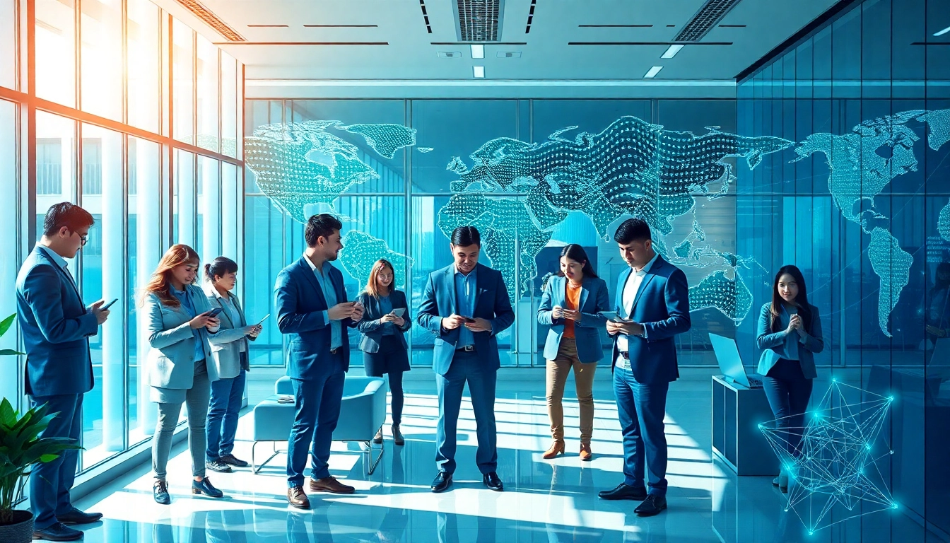 快连下载 showcasing global connectivity through technology in a modern office.