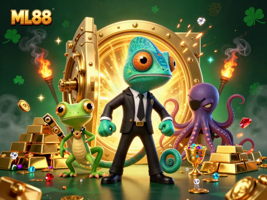 Engage with ML88's thrilling brand in an energetic casino scene filled with treasure and excitement.
