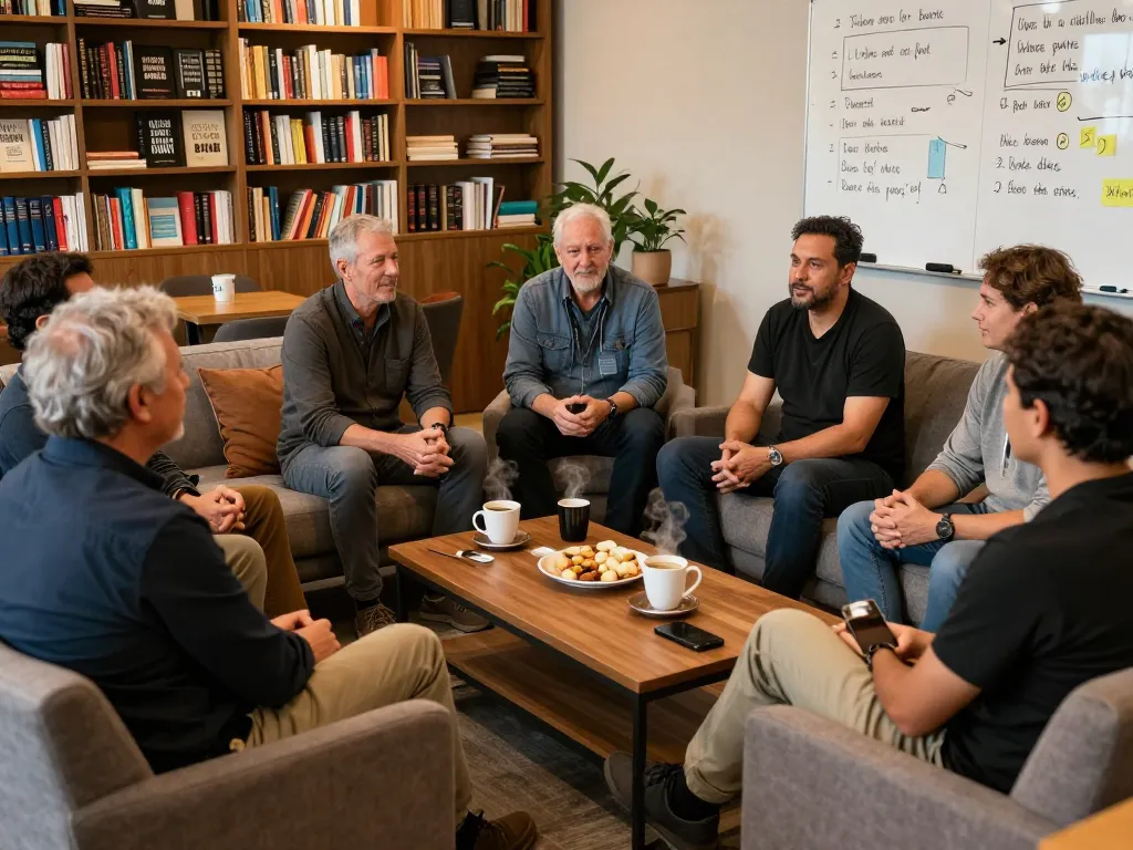 Men club meeting with diverse members engaged in supportive conversations and sharing experiences in a cozy lounge.