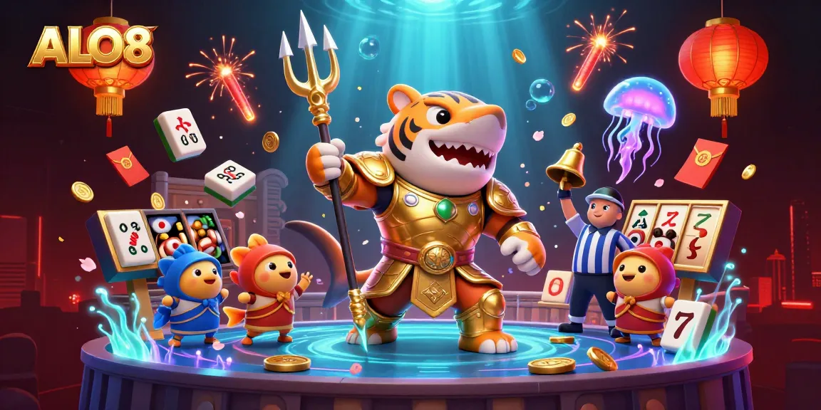 Engage with ALO8's dynamic underwater casino scene featuring a tiger shark in gladiator armor.
