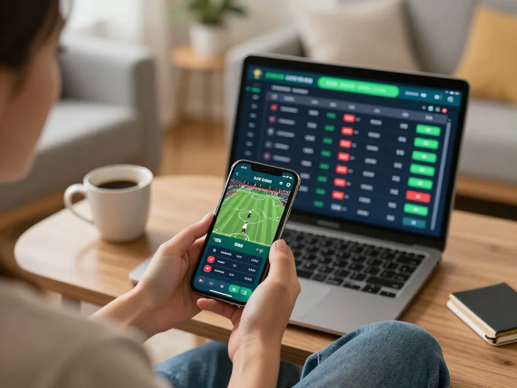 Betting on sports with smartphone and laptop at home, engaging with https://lc88.it.com/ for online gambling.