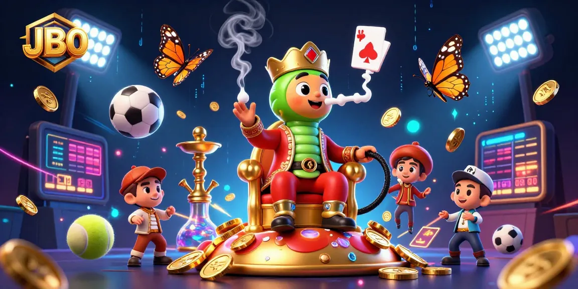 Engage with JBO's vibrant world as a caterpillar master creates poker hand smoke rings amidst dynamic sports elements.