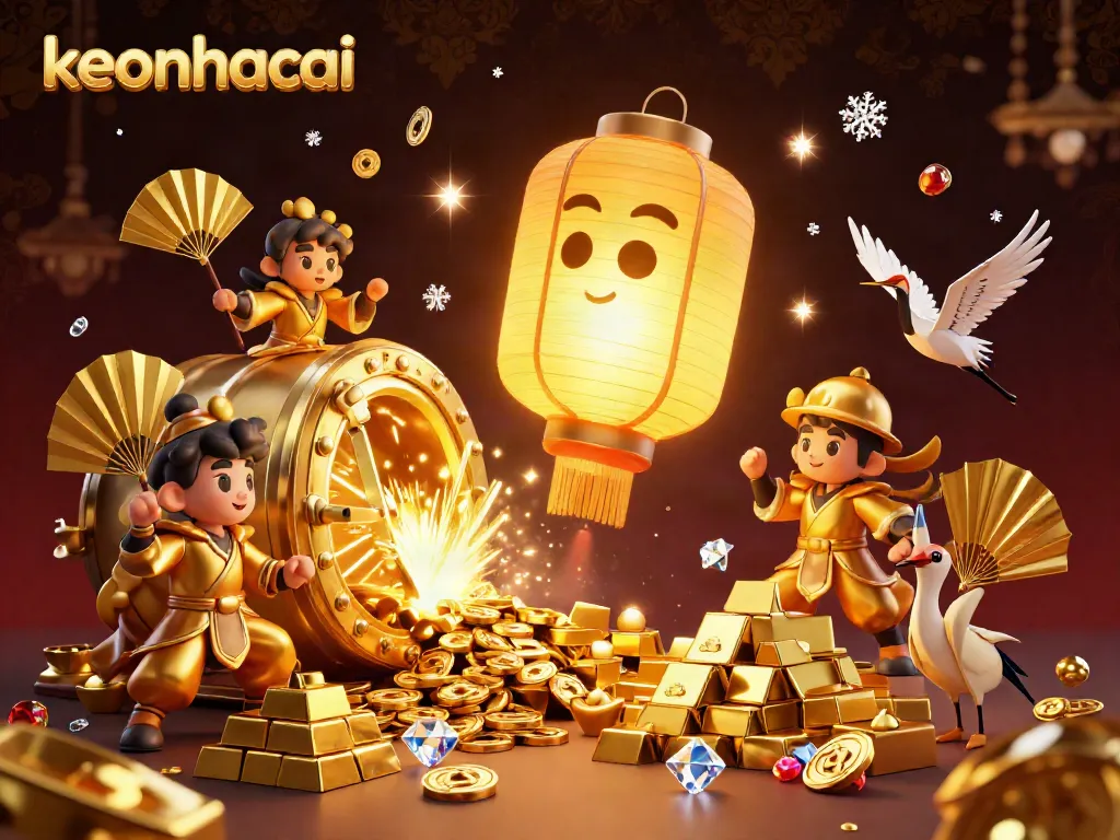 Engage with keonhacai as a glowing golden lantern spirit and dynamic casino elements create an enchanting atmosphere.