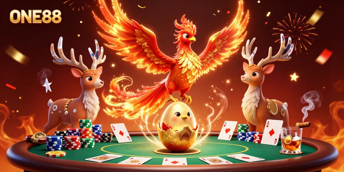 Engage with ONE88's thrilling poker world, featuring a dazzling phoenix and stunning casino elements.