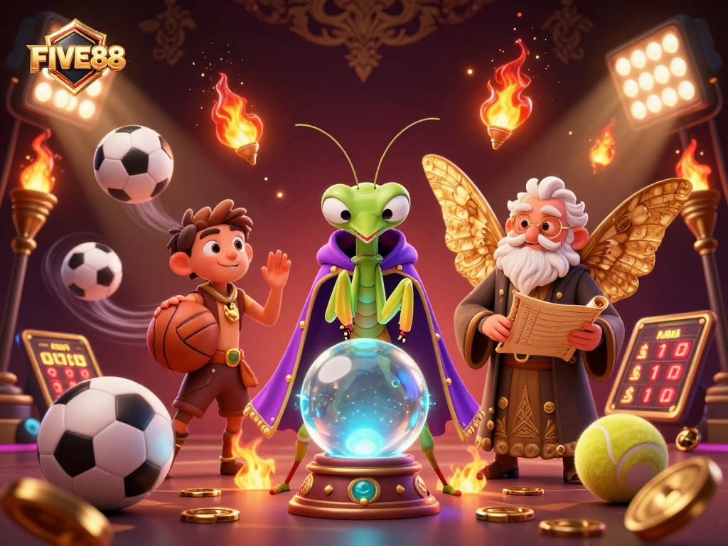 Engage with FIVE88 as the fortune teller and moth librarian reveal winning strategies in a mystical casino setting.