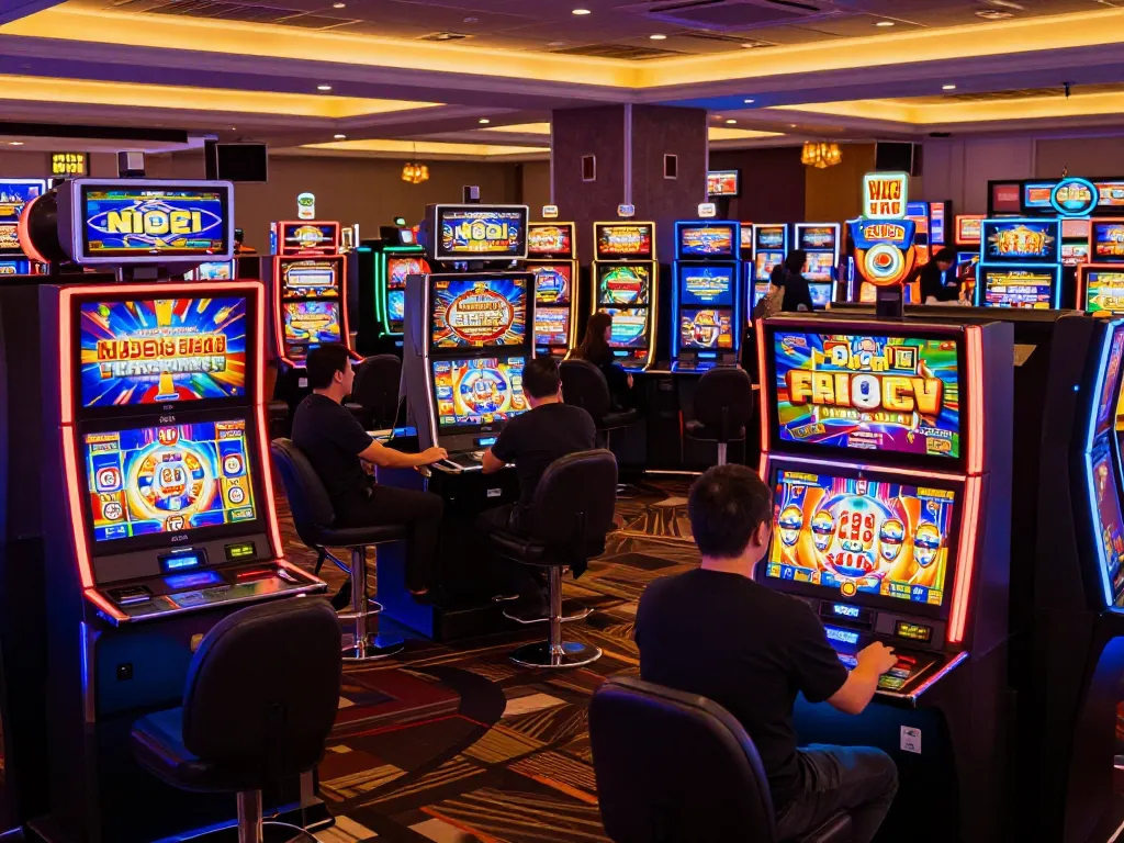Experience the thrill of F8BET with players engaged at colorful slot machines in a lively casino atmosphere.