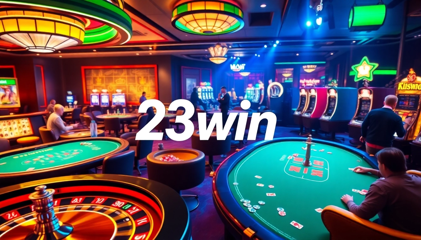 Experience thrilling gameplay at 23win with vibrant casino tables, roulette wheels, and slot machines.