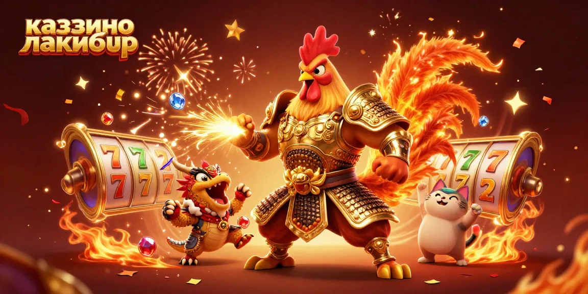 Experience excitement at казино лакибир with dynamic 3D warriors amidst colorful slot game elements.