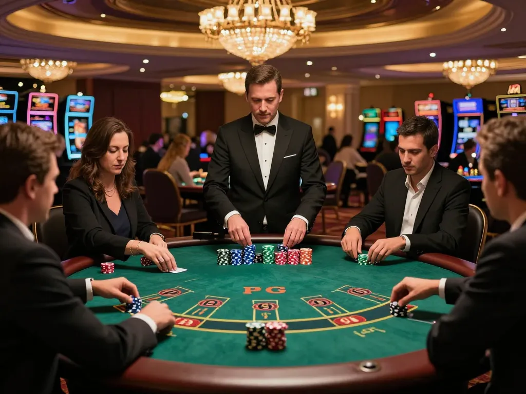 Players at the blackjack table using strategies with S6666 chips in an upscale casino.